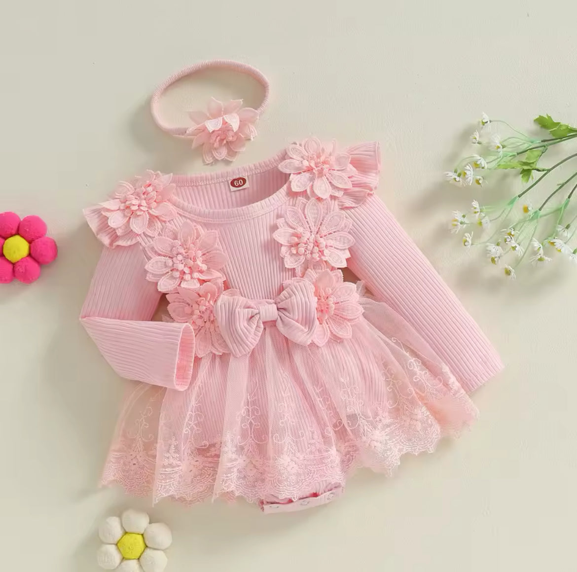 Flower Embellished Ribbed Mesh sleeved Romper & Headband.
