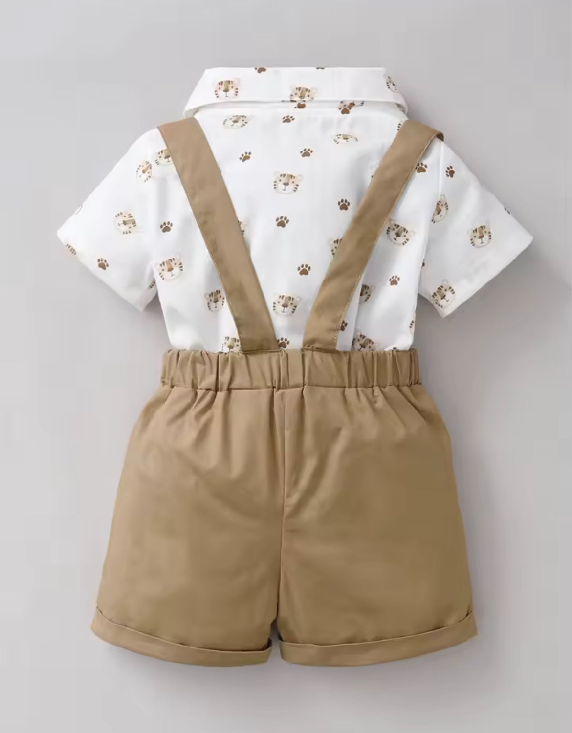 Beige Tiger Print Suspender Shorts & Shirt set