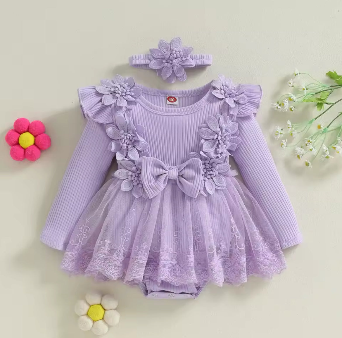 Flower Embellished Ribbed Mesh sleeved Romper & Headband.