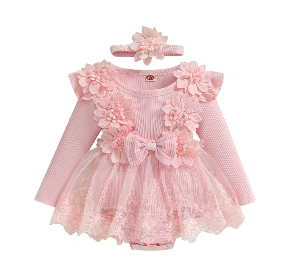 Flower Embellished Ribbed Mesh sleeved Romper & Headband.