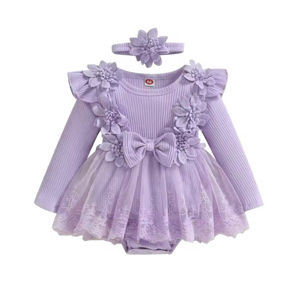 Flower Embellished Ribbed Mesh sleeved Romper & Headband.