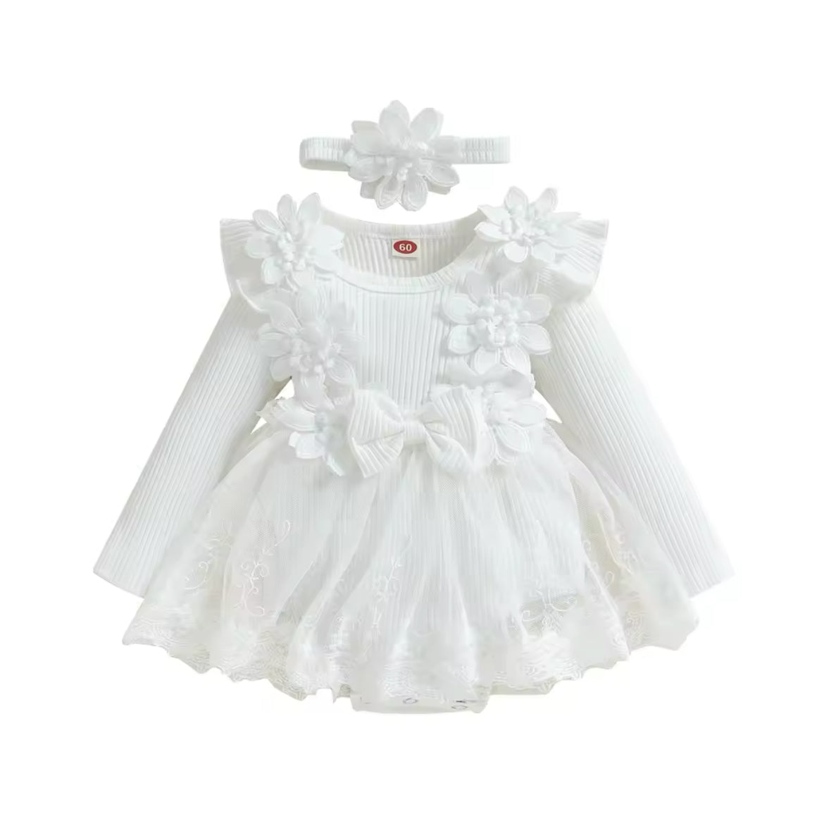 Flower Embellished Ribbed Mesh sleeved Romper & Headband.