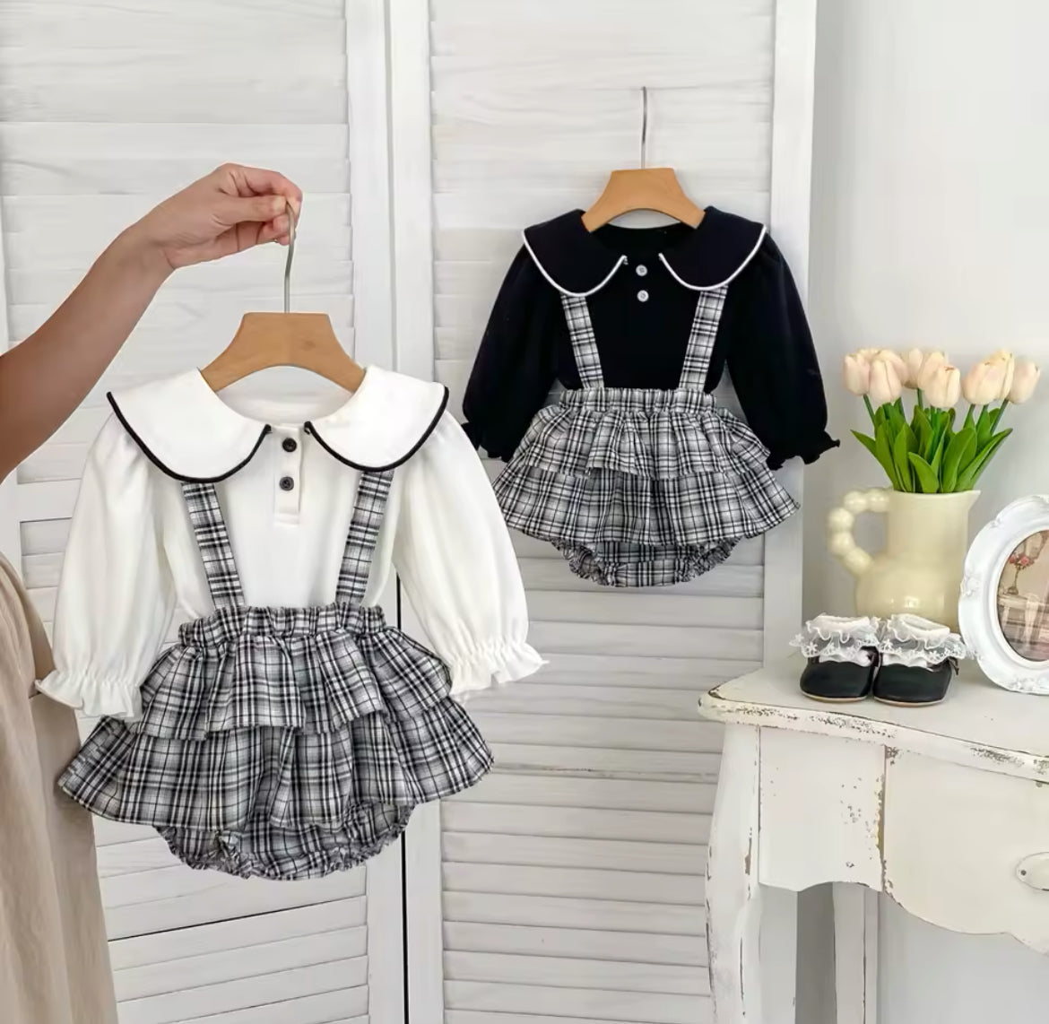 Girls 2-Piece Plaid dungaree & shirt set
