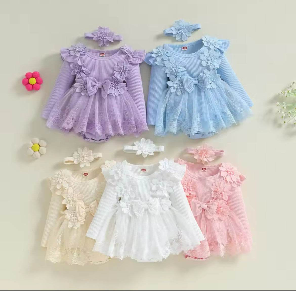 Flower Embellished Ribbed Mesh sleeved Romper & Headband.