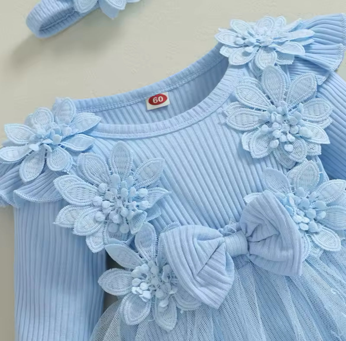 Flower Embellished Ribbed Mesh sleeved Romper & Headband.