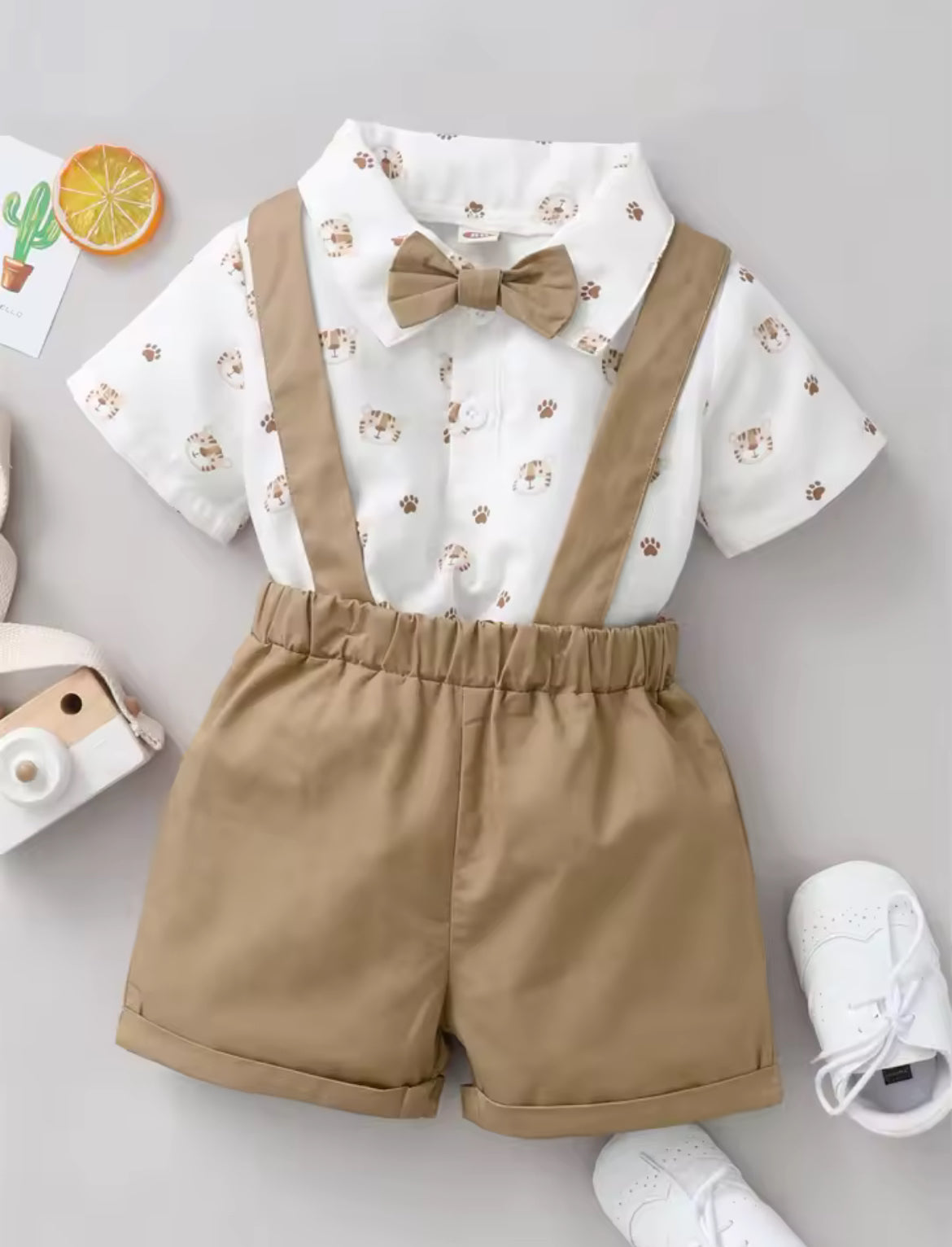 Beige Tiger Print Suspender Shorts & Shirt set
