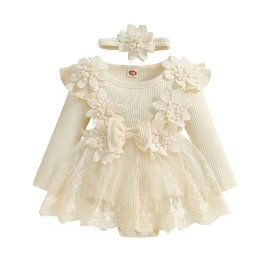 Flower Embellished Ribbed Mesh sleeved Romper & Headband.