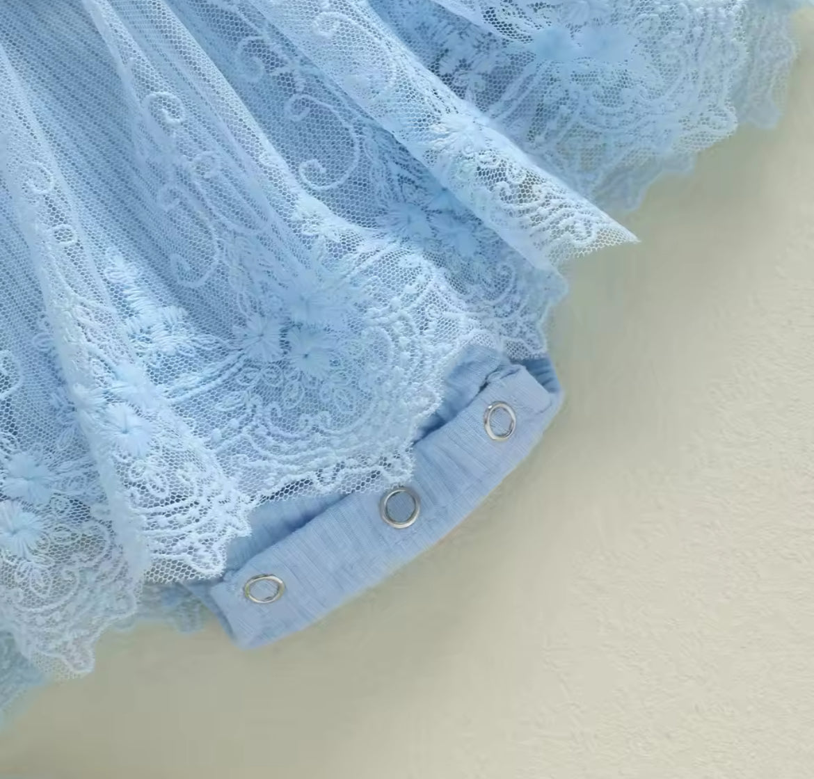 Flower Embellished Ribbed Mesh sleeved Romper & Headband.