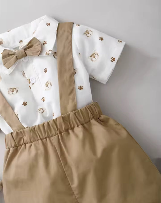 Beige Tiger Print Suspender Shorts & Shirt set