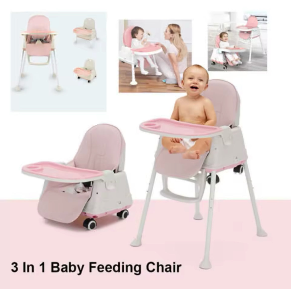 3 In 1 Adjustable Highchair With Wheels