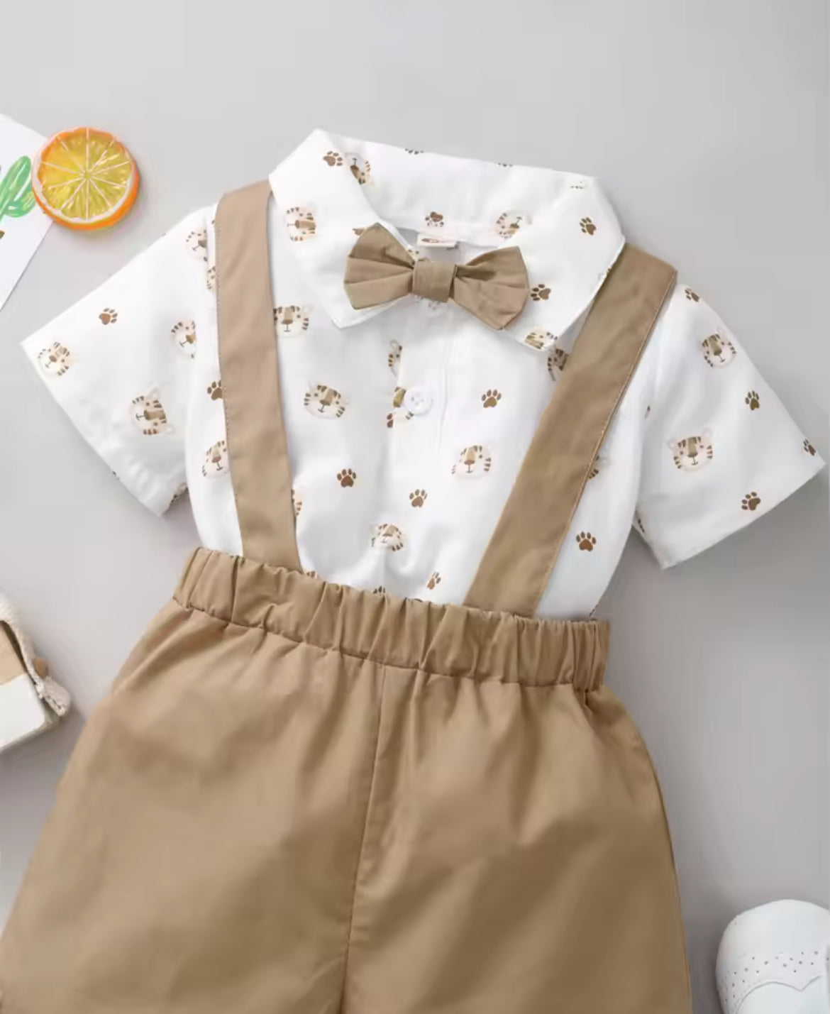 Beige Tiger Print Suspender Shorts & Shirt set