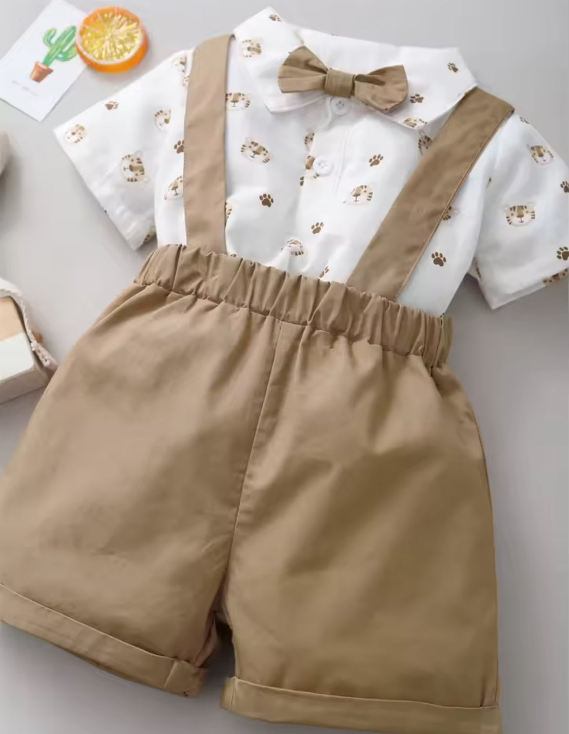 Beige Tiger Print Suspender Shorts & Shirt set