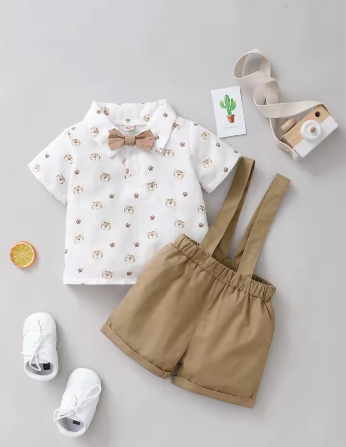 Beige Tiger Print Suspender Shorts & Shirt set
