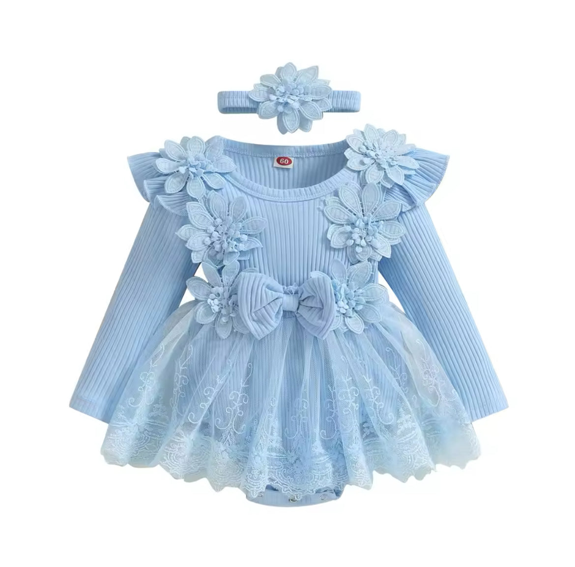 Flower Embellished Ribbed Mesh sleeved Romper & Headband.